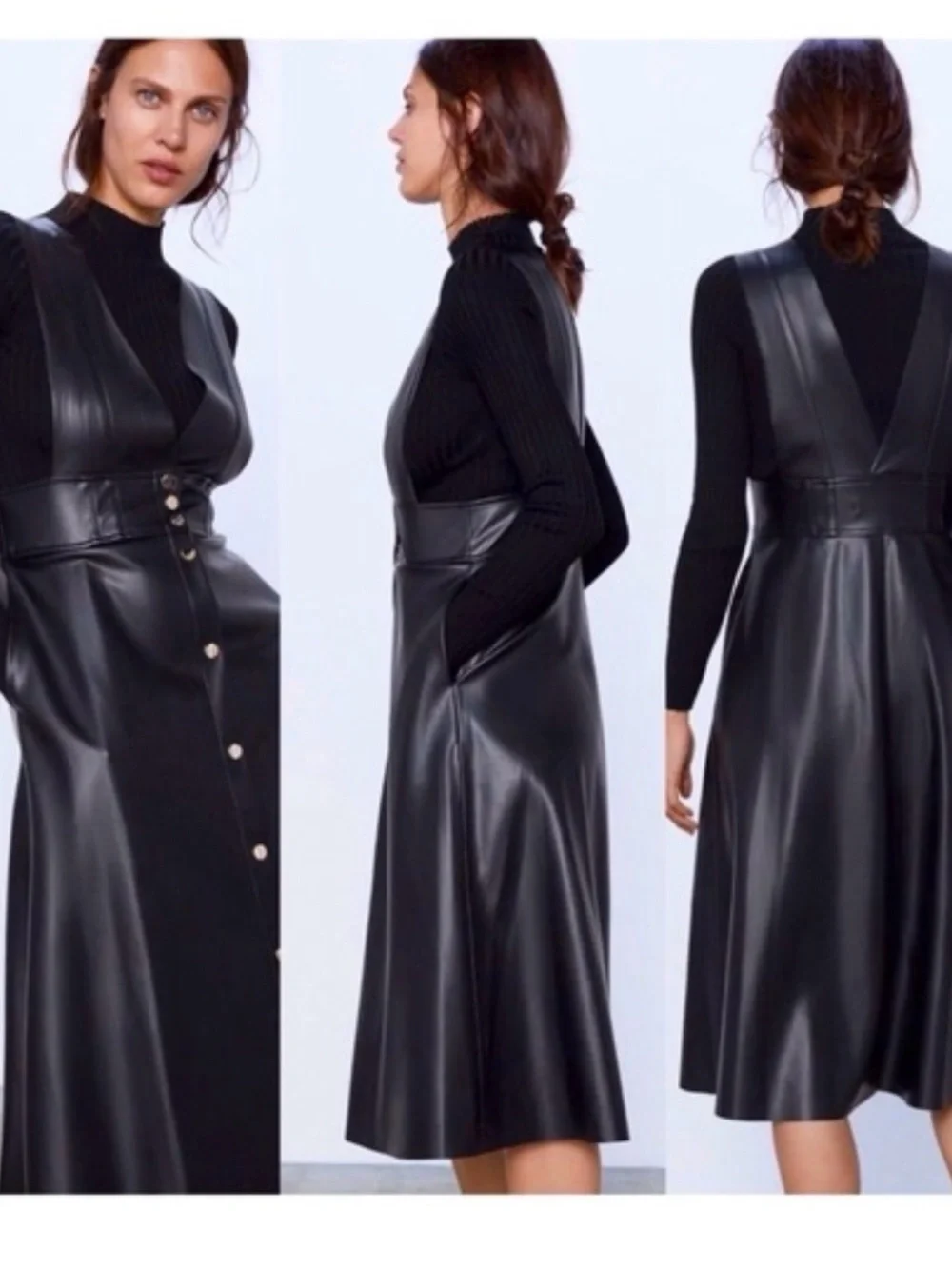 Zara Black Faux Leather Button-Front Midi Dress skirt